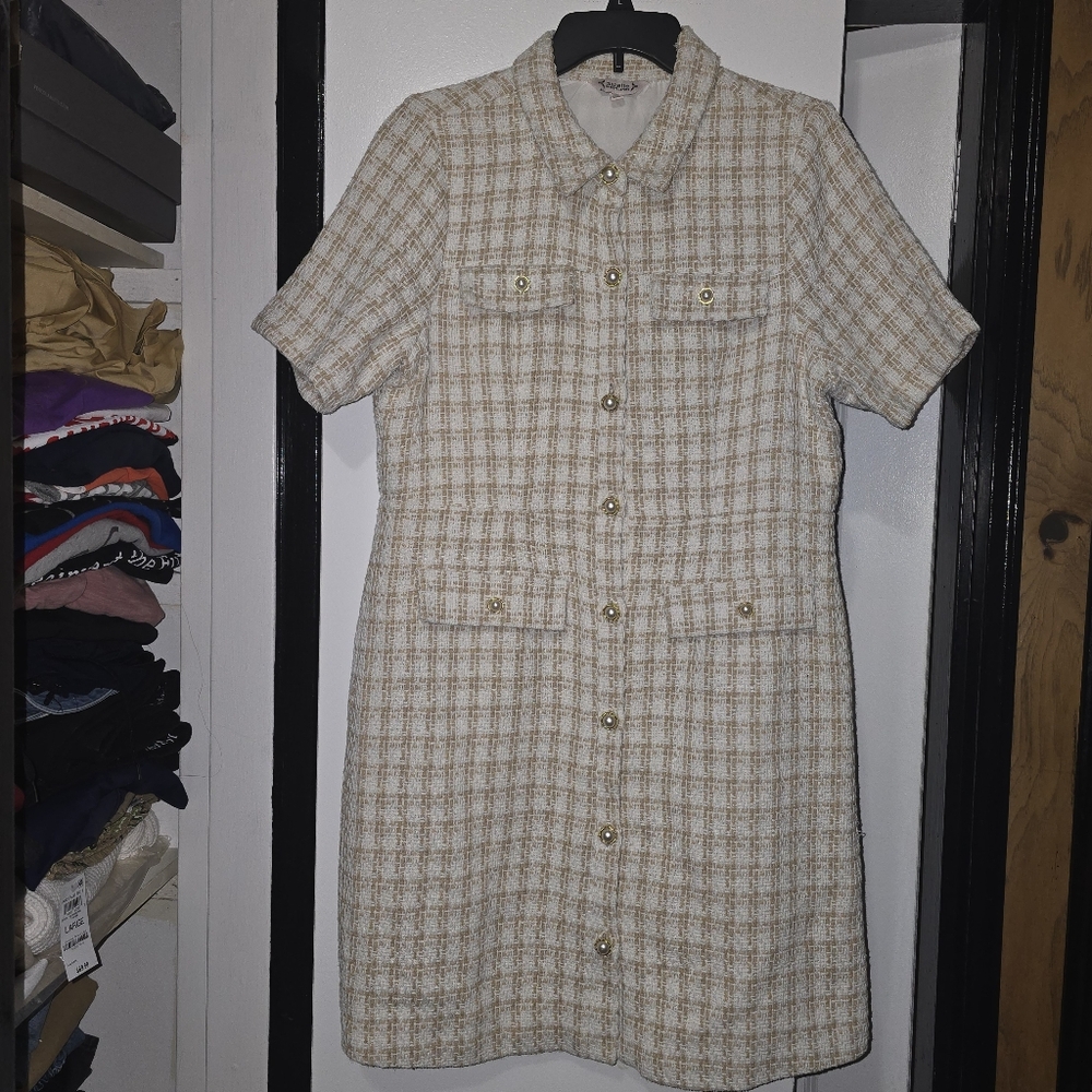 Nanette Lepore Women's Tan & Creme Houndstooth Buttoned Down Formal Dress - 16